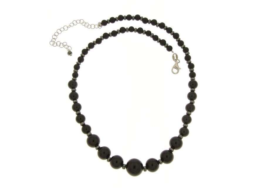 Choker c/sfere di Onice nera (Diametro 4,6,8,10), ematite e argento 925 rodiato cm 34,5+7