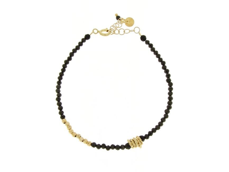 Bracciale spinello nero (2,5mm) con inserti in argento 925 placcato oro. Cm 17+3