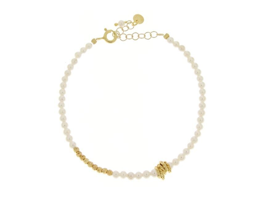Bracciale perle iridate (3mm) con inserti in argento 925 placcato oro. Cm 17+3