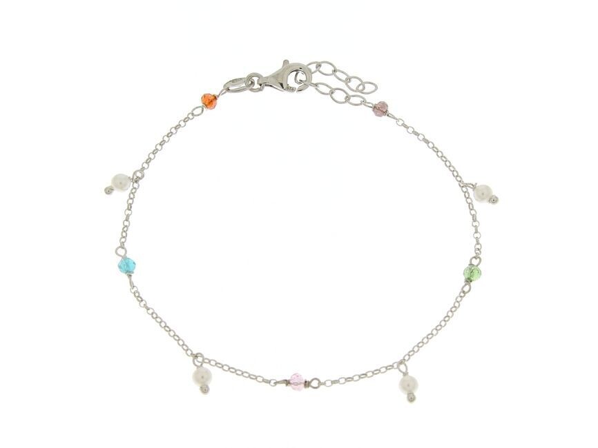 Bracciale in argento 925 c/cristalli multicolor e perline iridate pendenti. Cm 16+4