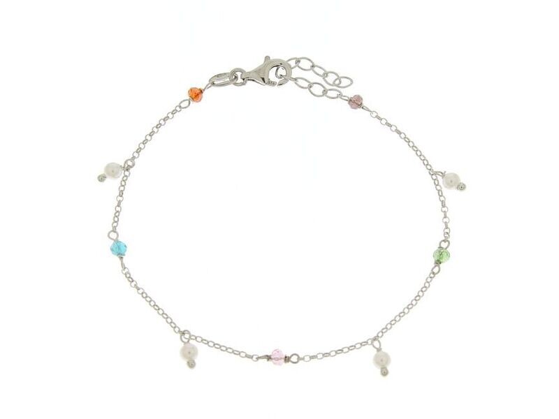 Bracciale in argento 925 c/cristalli multicolor e perline iridate pendenti. Cm 16+4