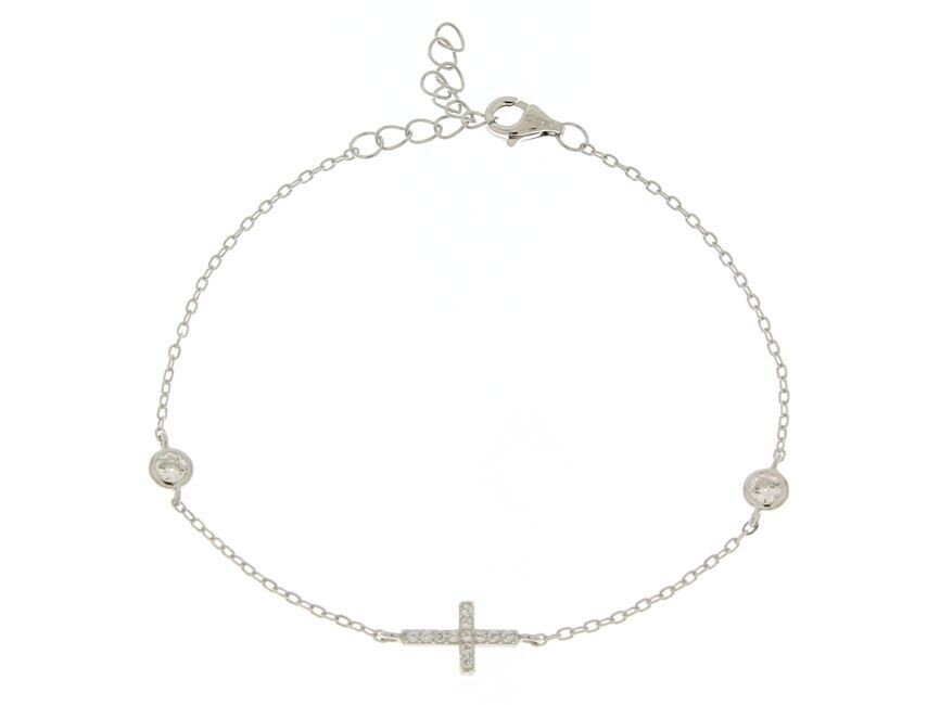 Bracciale in argento 925 rodiato con croce di zirconi bianchi. Cm 16+4