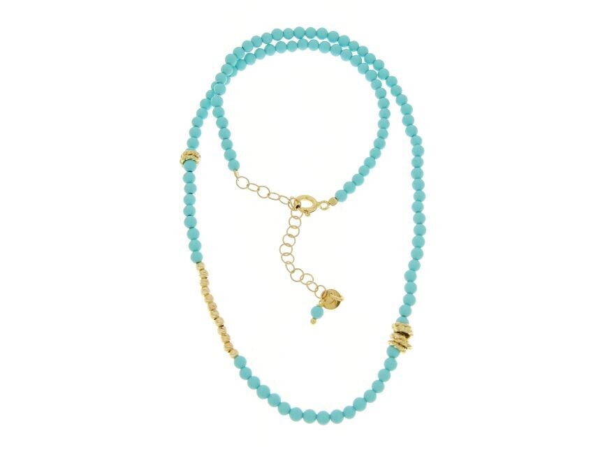 Girocollo turchese tedesco (3mm) con inserti in argento 925 placcato oro. Cm 38+5