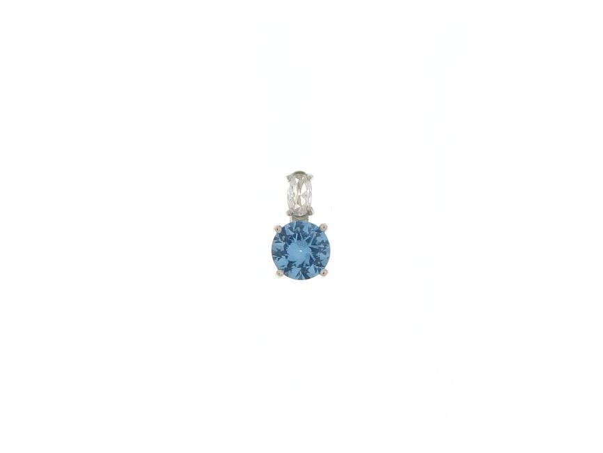 Pendente in arg. 935 rodiato, punto luce (7mm) di zircone bianco e acquamarina