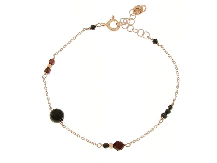 Bracciale in argento 925 rose' con agata rubino (4mm), spinello nero (2-3mm) e onice nera sfaccettata. Cm 16+4