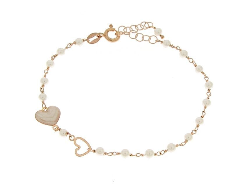 Bracciale in argento 925 rose', maglia rosario con cuore smalto perla. Cm 16+4