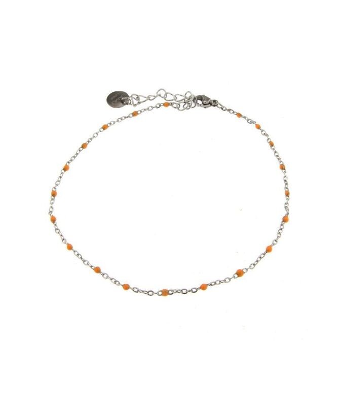 Cavigliera in acciaio con  piccole sfere smalto arancio
