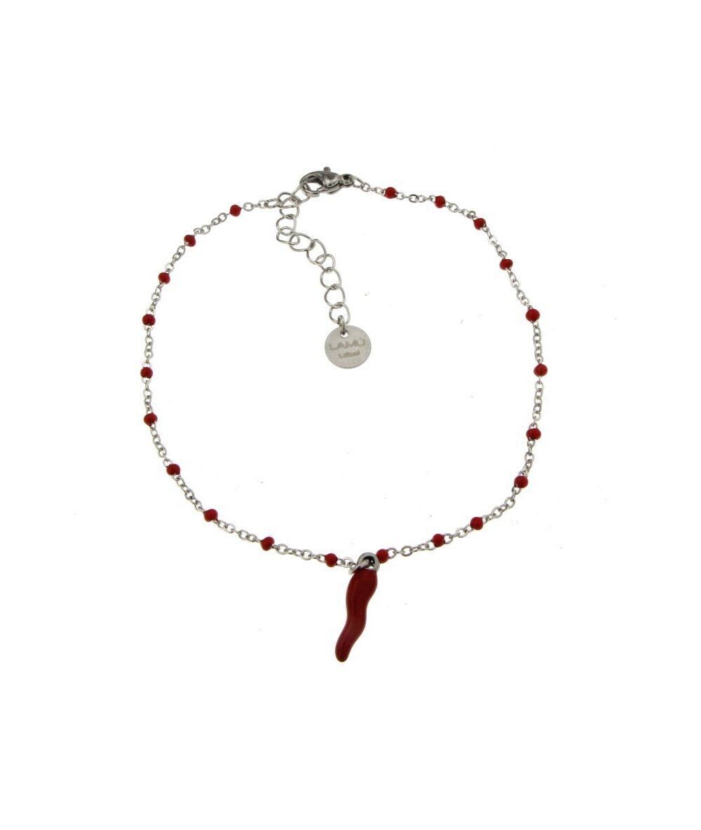 Cavigliera in acciaio c/piccole sfere smalto rosso e cornetto rosso