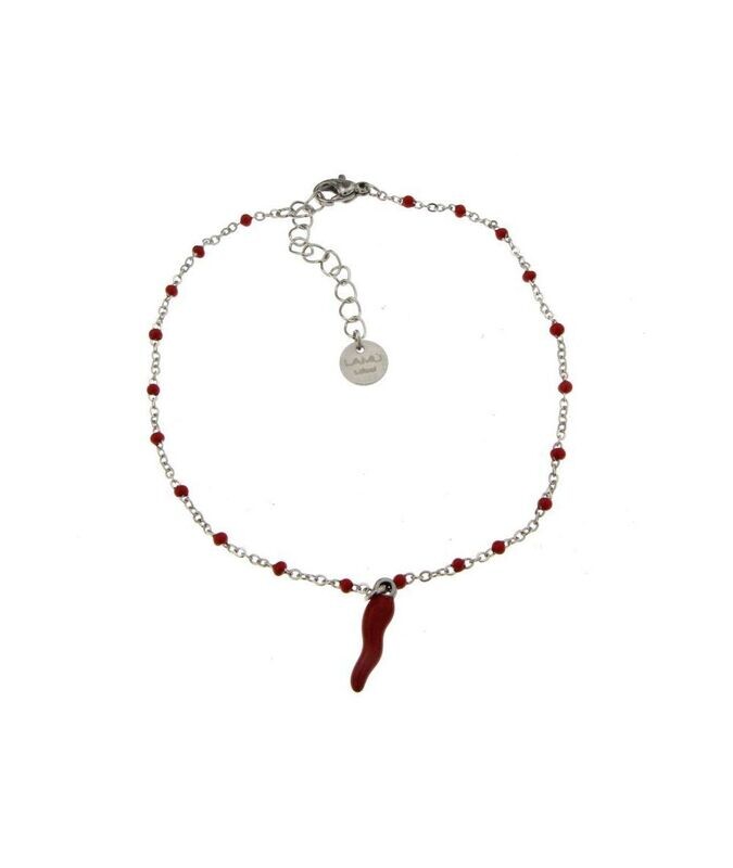 Cavigliera in acciaio c/piccole sfere smalto rosso e cornetto rosso