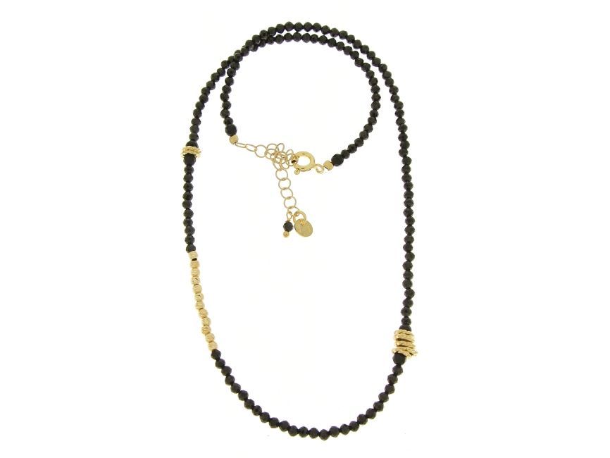 Girocollo spinello nero c/inserti argento 925 placcato oro. Cm 38+5