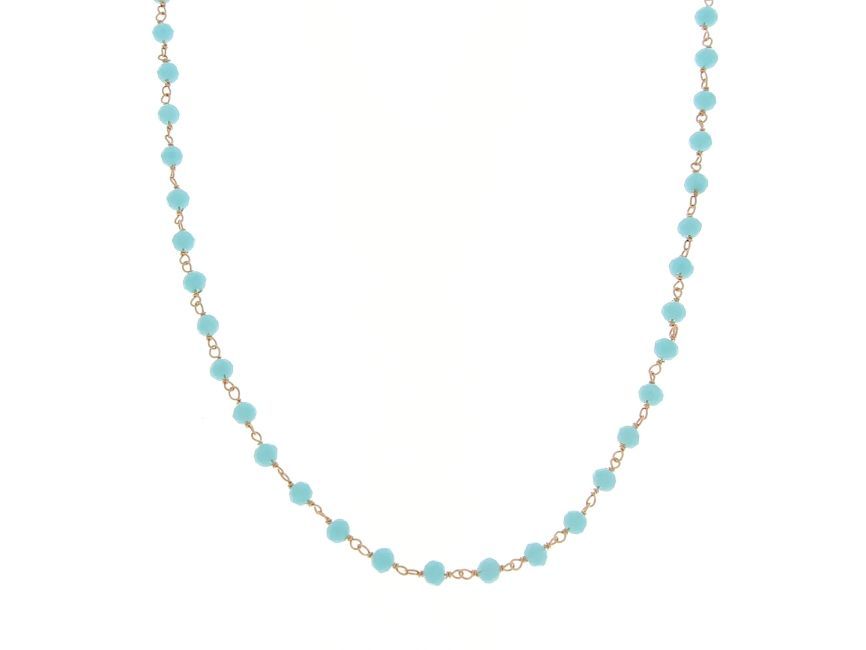 Collana rosario in argento925 rose' cristallo turchese, cm 38+5