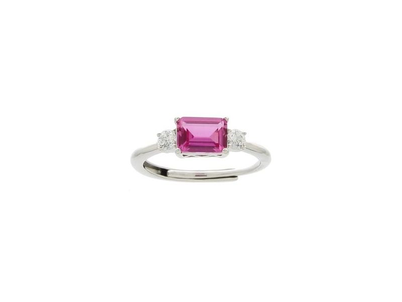 Anello in argento 925 rodiato c/zirconi bianchi e baguette (7x5mm)fuxia. Regolabile