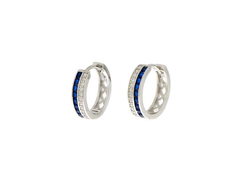 Orecchini in arg.925 rodiato, scattino 15mm c/zirconi bianchi e zaffiro
