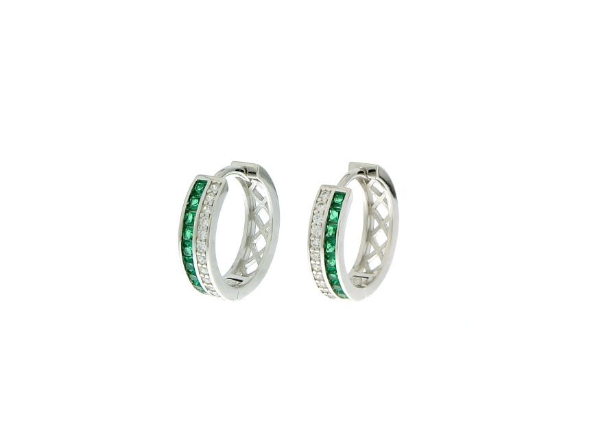 Orecchini in arg.925 rodiato, scattino 15mm c/zirconi bianchi e smeraldo