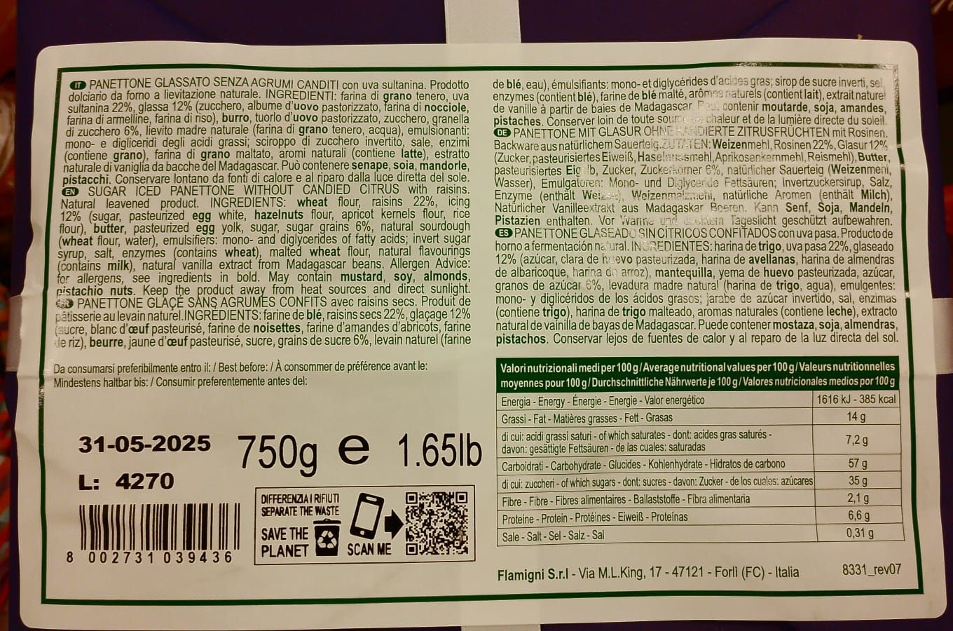 Panettone s/canditi 750g