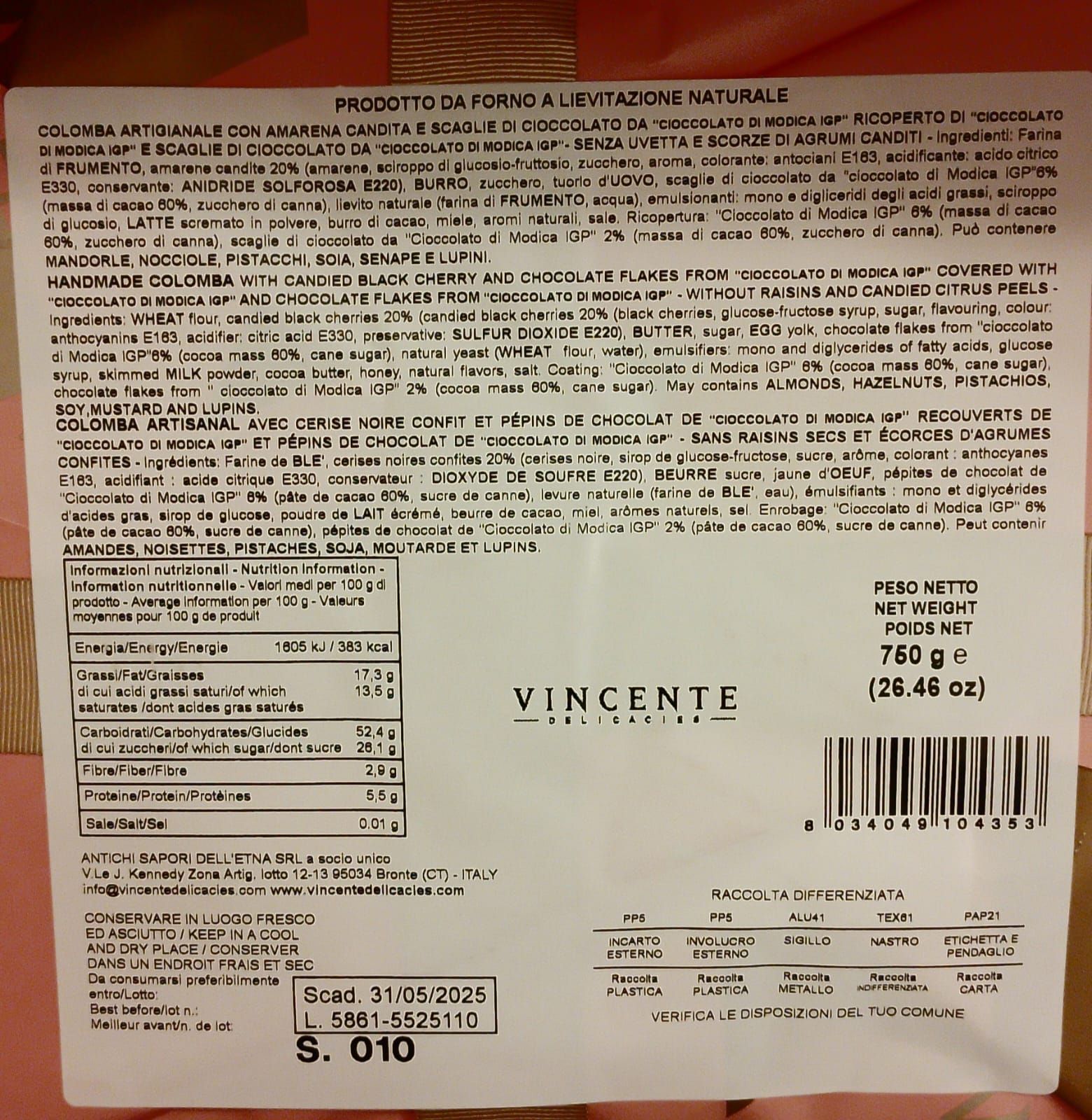 Colomba amarena e cioccolato 750g