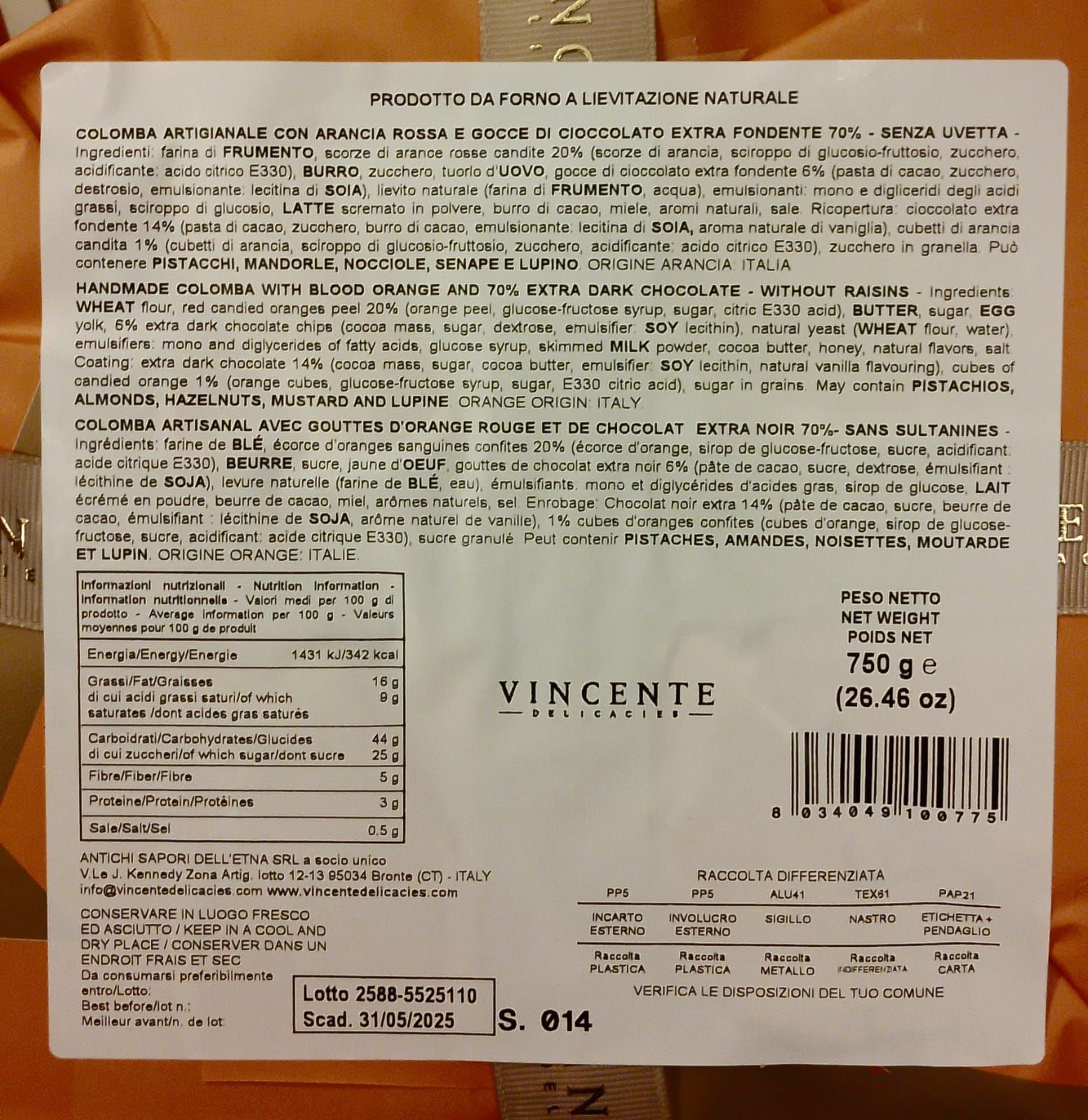 Colomba arancia rossa e cioccolato 750g