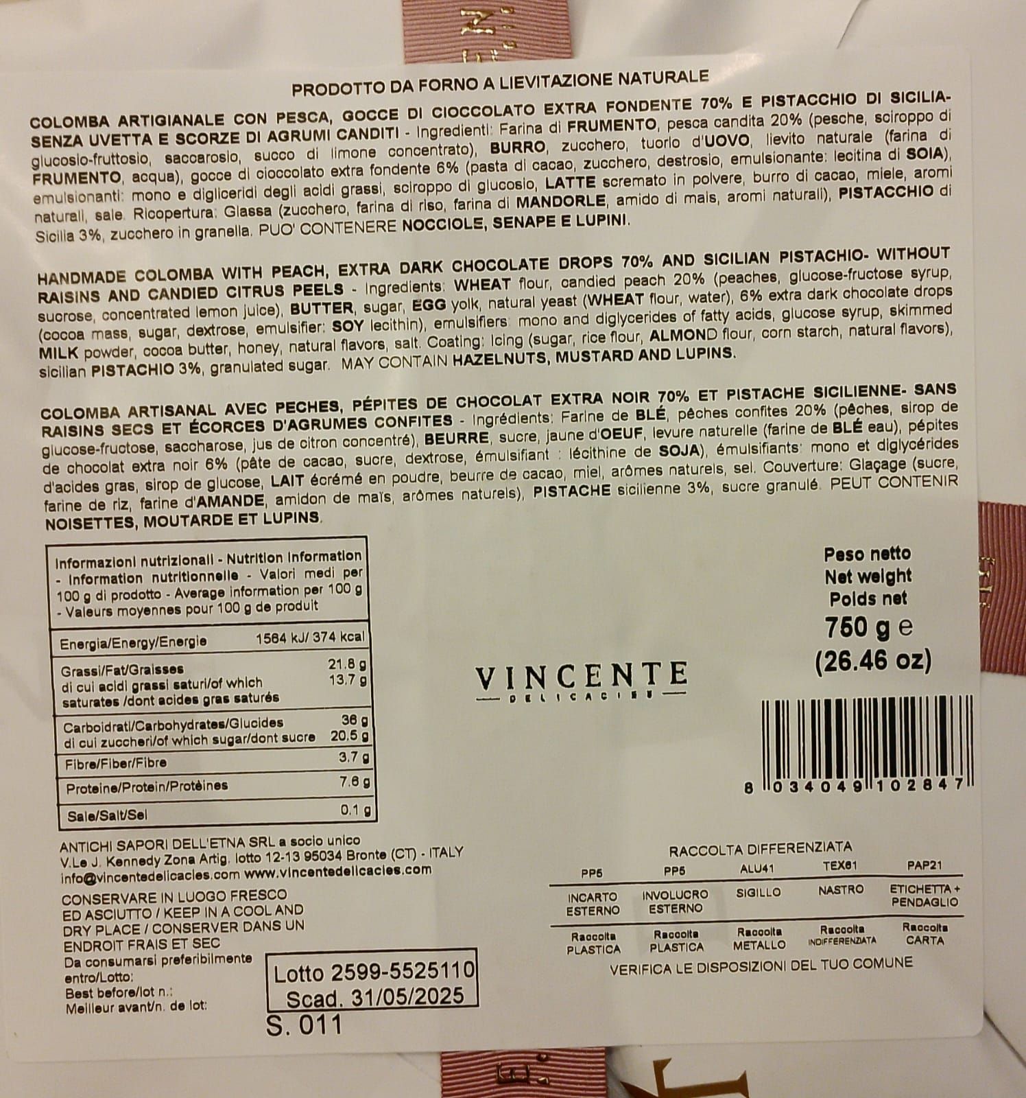 Colomba pesca e cioccolato 750g