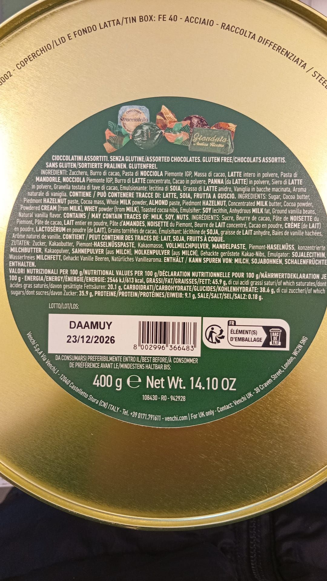 Scatola in metallo con 400g di cioccalatini assortiti