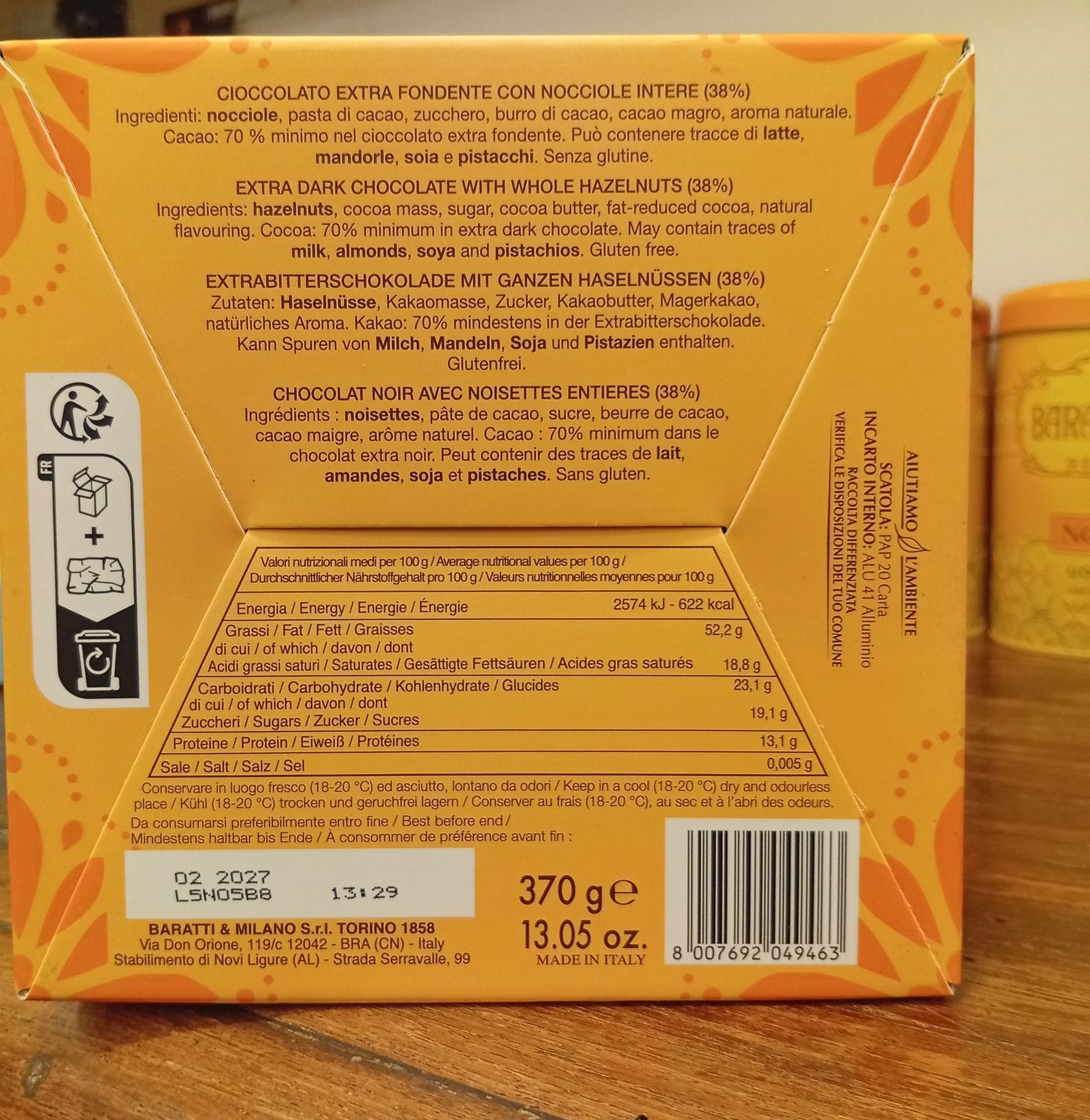 Uovo nocciolato 70%cacao 370gr.  s/glutine