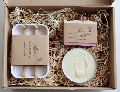 Geschenkset Naturseifen. Geschenkbox nachhaltig, Geschenkset Körperpflege. Besondere Seifen Geschenke, Seifenschale aus Bambus