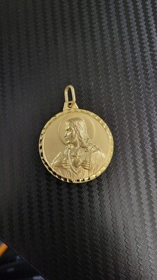 14K 1.9" ROUND TWO-SIDED JESUS/VIRGIN MARY PENDANT