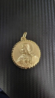14K 2.1" ROUND TWO-SIDED JESUS/VIRGIN MARY PENDANT