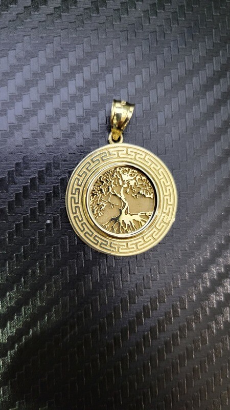 14K CUSTOM TREE OF LIFE COIN WITH GREEK BEZEL