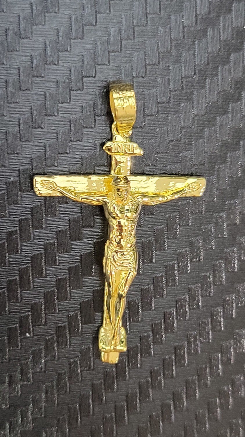 CUSTOM 14K WOOD GRAIN INRI CRUCIFIX, ABOUT 6 WEEKS TO SHIP IF NOT IN STOCK-PRICE ADJUSTED ACCORDING TO ACTUAL WEIGHT: CUSTOM 14K 1.6&quot; CRUCIFIX APPROX. 5.3 GRAMS (6 WEEKS TO SHIP)