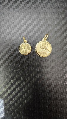 14K TINY &amp; SMALL ROUND TWO-SIDED JESUS/VIRGIN MARY PENDANT