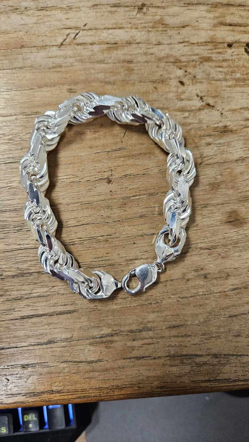 STERLING SILVER 12MM DIAMOND CUT ROPE BRACELET