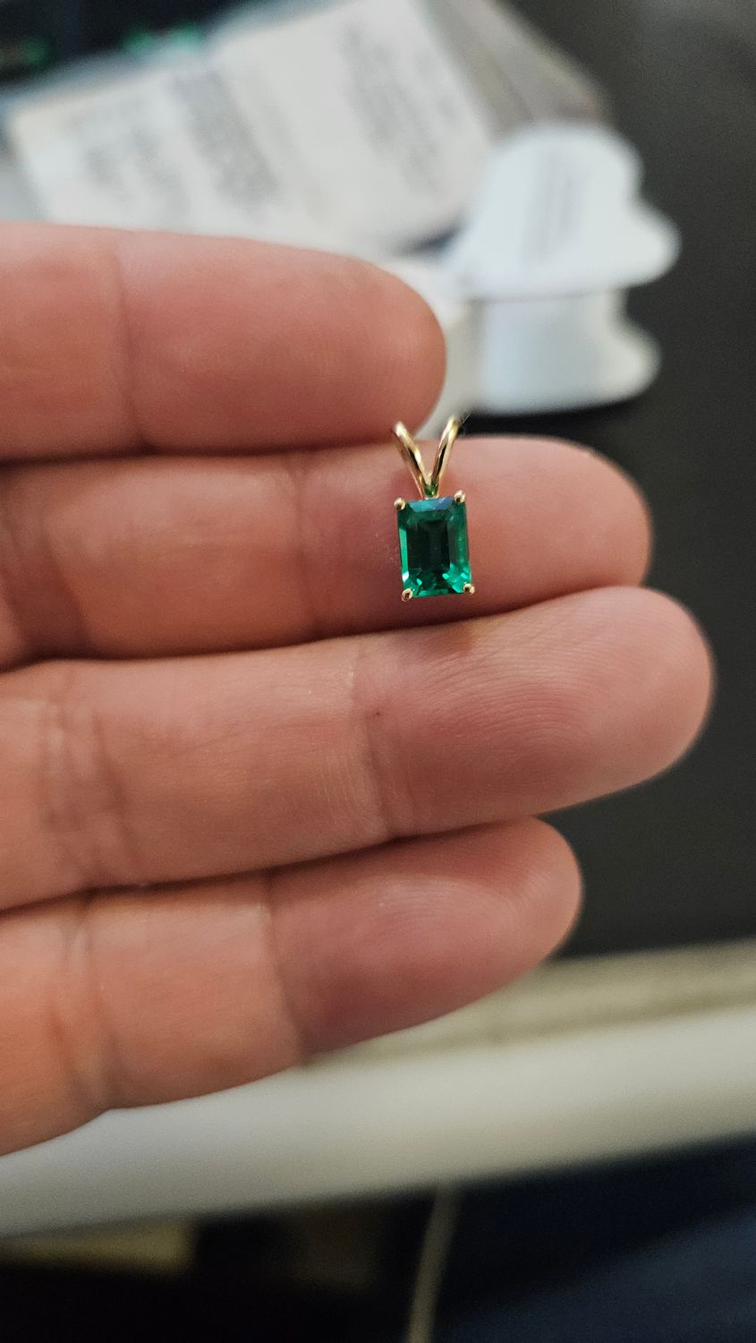 14K LAB GROWN GEMSTONE PENDANTS W/DIAMOND ACCENTS, 14K SOLITAIRE LAB PENDANTS: 1.1 CARAT LAB EMERALD PENDANT .67 GRAMS