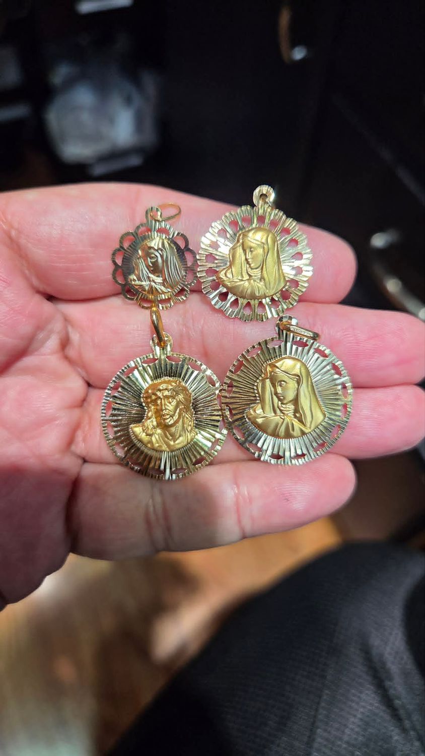14K FLOWERED 2 SIDED JESUS AND VIRGIN MARY PENDANTS