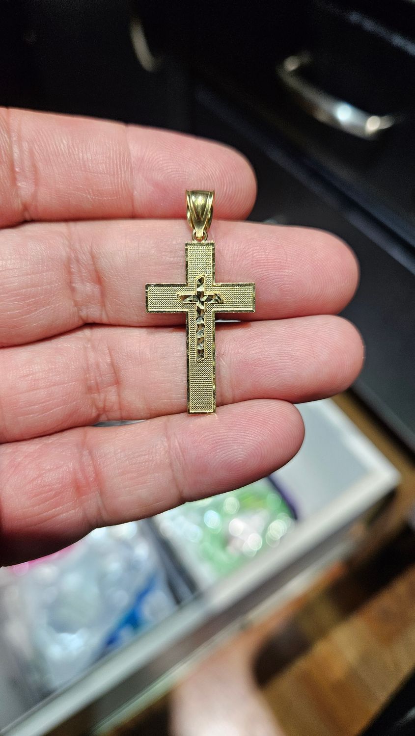 14K 1.5" DIAMOND CUT TEXTURED CROSS, 14K DC TEXTURED CROSS: 14K 1.5" DC CROSS APPROX. 2.2 GRAMS (SMALL CROSS INSIDE)