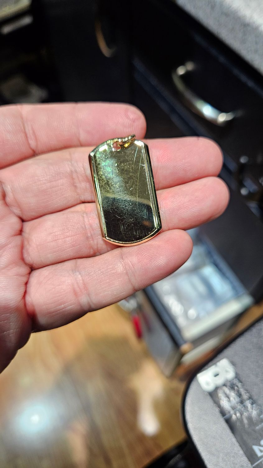 14K 1.5" DOG TAG PENDANT, UNFORTUNATELY ALL HAVE MINOR BLEMISHES ON THEM: 14K DOG TAG PENDANT 4.1 GRAMS