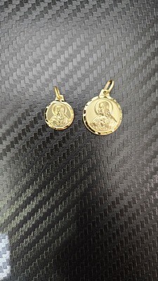 14K TINY & SMALL ROUND TWO-SIDED JESUS/VIRGIN MARY PENDANT