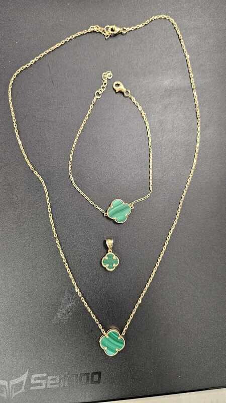14K CLOVER PENDANT, BRACELET, EARRINGS, &amp; NECKLACE