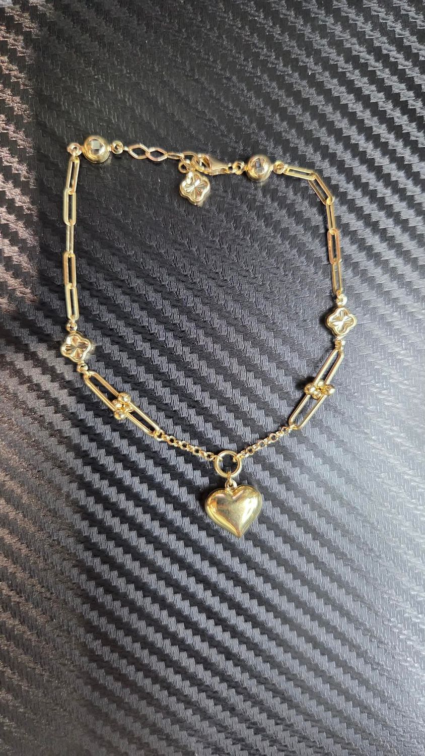 14K PAPERCLIP U-LINK HEART &amp; CLOVER NECKLACE AND BRACELET, WIDTHS &amp; LENGTHS: 14K 12.5MM HEART 6.5-8" BRACELET 4.8 GRAMS