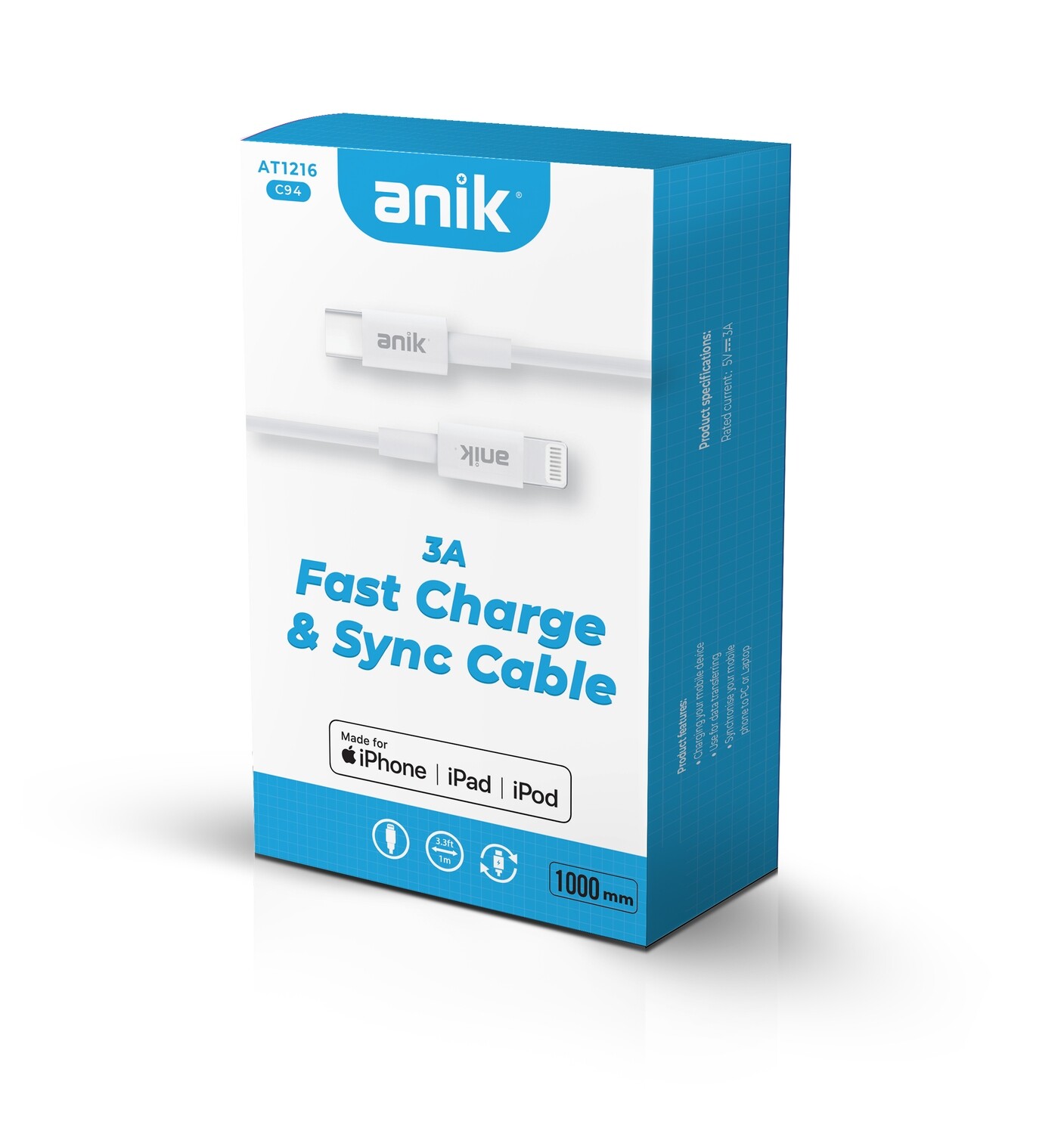 ANIK AT1216 3A USB Type-C to Lightning MFI Charge Cable 1M