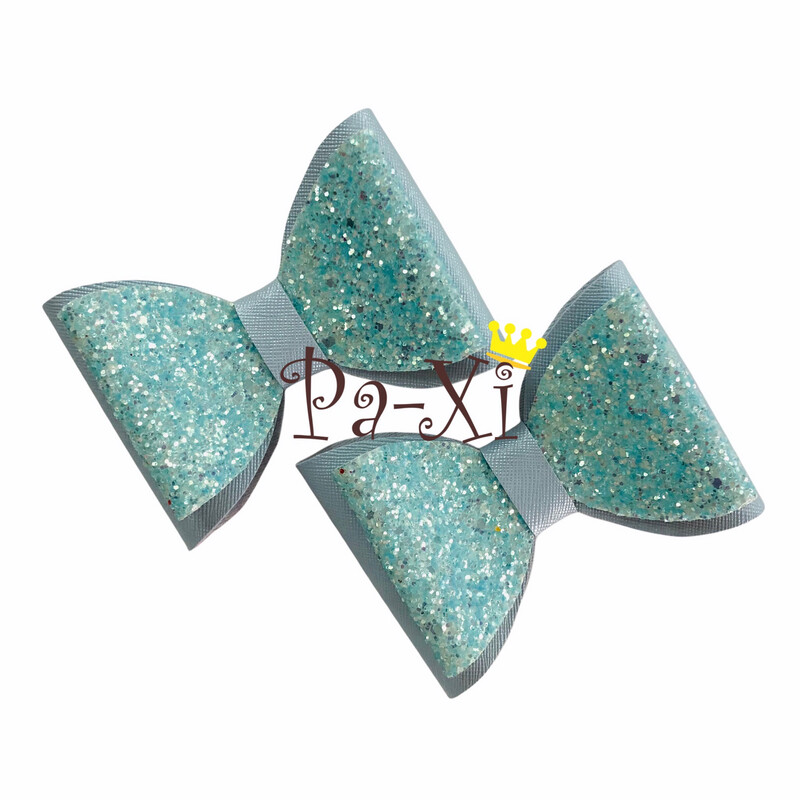 Par de Moños Vinil Azul Cielo Glitter