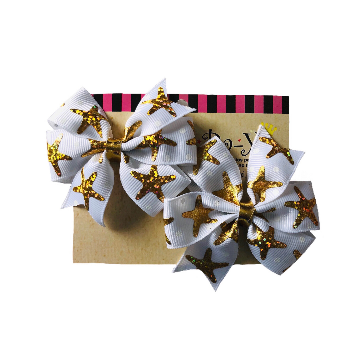 Par de Moñitos Holograma Blanco Estrellas Oro