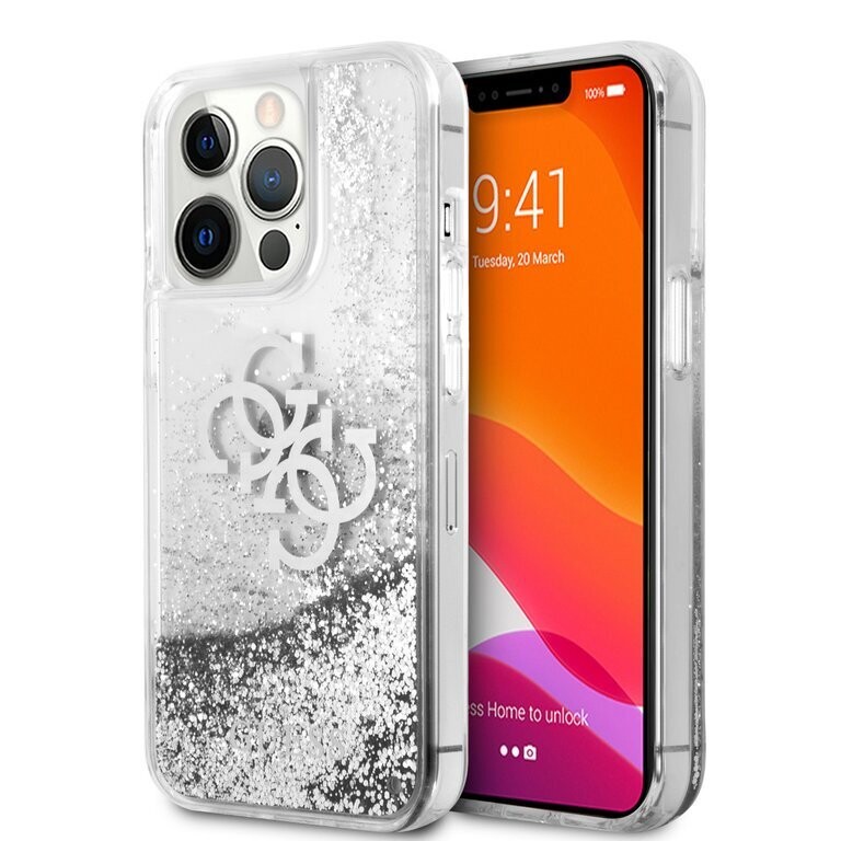 Guess iPhone 13 Pro Hardcase Backcover Silver Liquid Glitter - Transparant