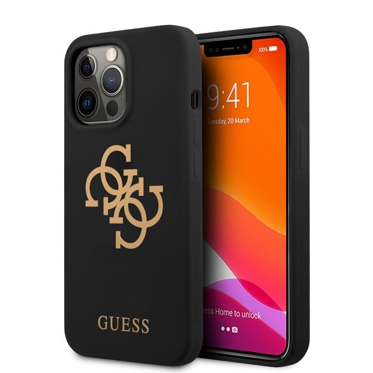 Guess iPhone 13 Pro Hardcase Backcover - Gold 4G Logo - Zwart