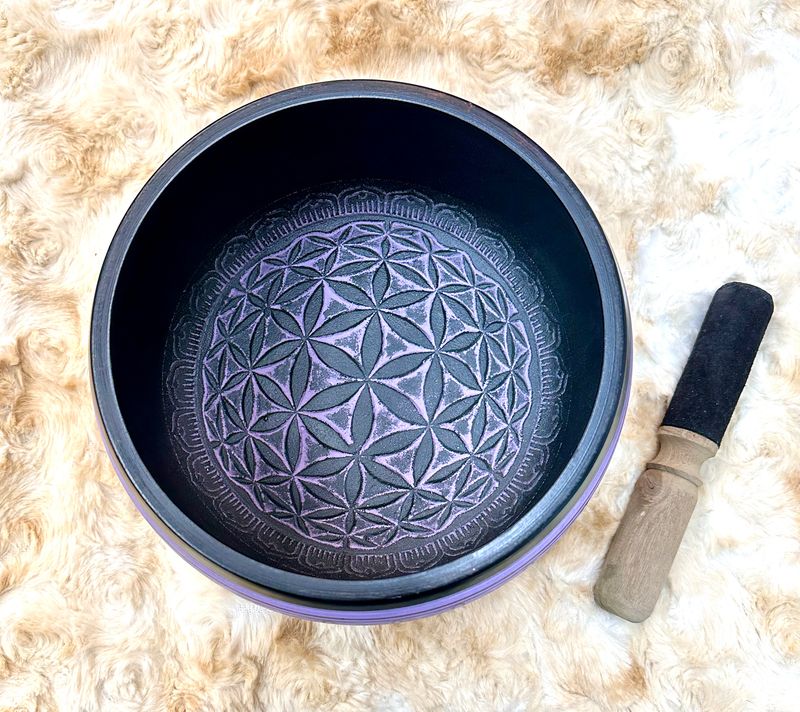 8" Tibetan Singing Bowl Round Sided, Flower of Life, Purple