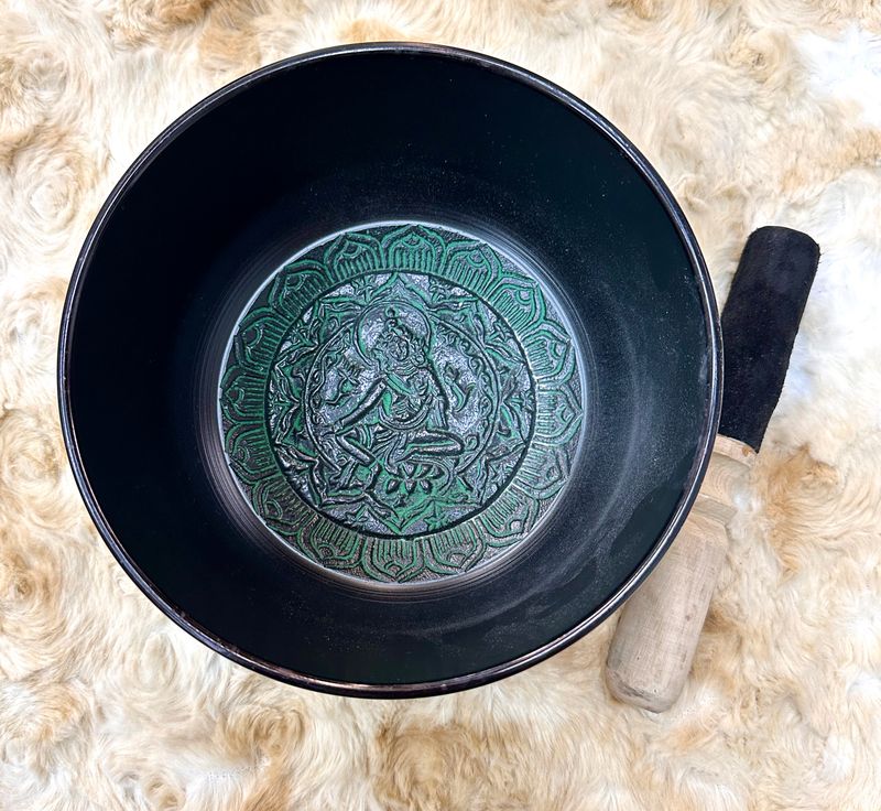 7.5" Tibetan Singing Bowl Round Sided, Green Tara