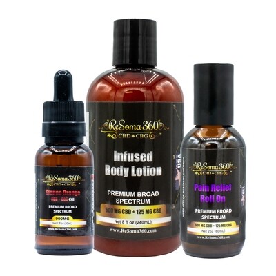 Sienna Orange CBD + CBG Oil 900MG Tincture
 + Infused Body Lotion + Pain Relief Roll On Pack