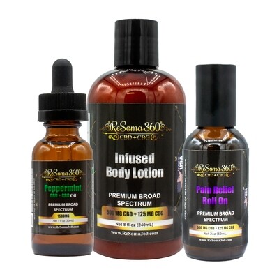 Peppermint CBD + CBG Oil 1500MG Tincture + Infused Body Lotion + Pain Relief Roll On Pack