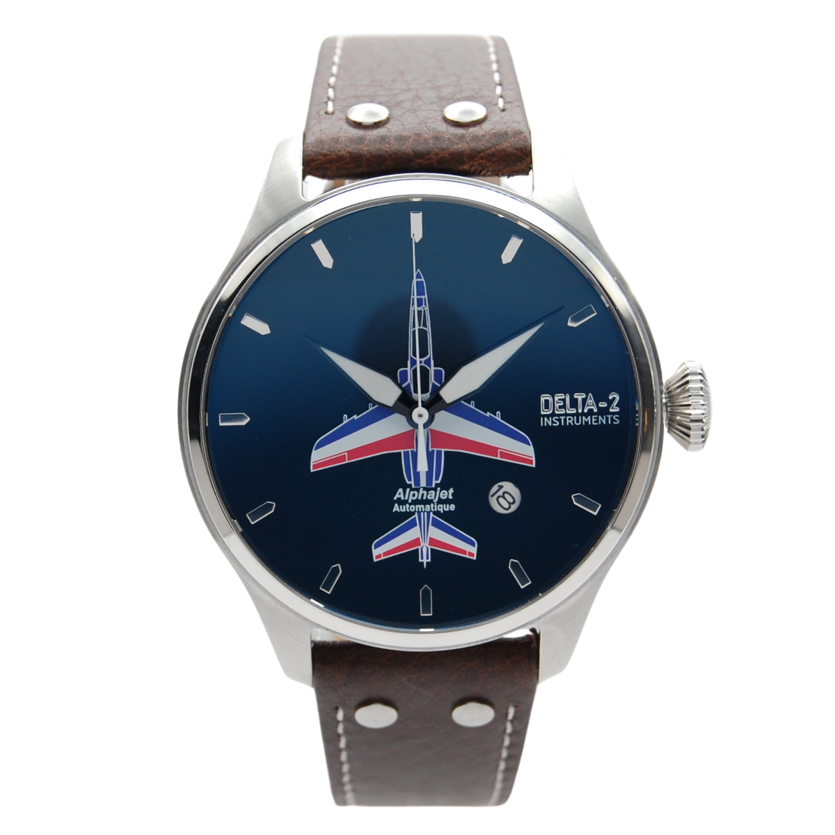 Montre automatique DELTA-2 Alpha Jet, cadran émaillé bleu profond, inspirée de l’avion biplace franco-allemand et des couleurs de la Patrouille de France.