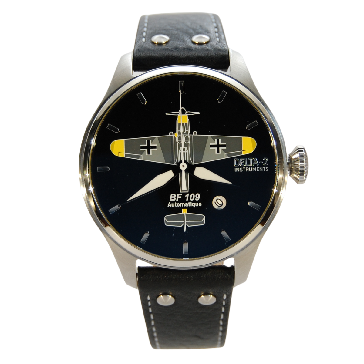 Montre automatique DELTA-2 BF 109, cadran émaillé noir avec cocarde allemande, inspirée du chasseur Messerschmitt Bf 109 de la Luftwaffe.