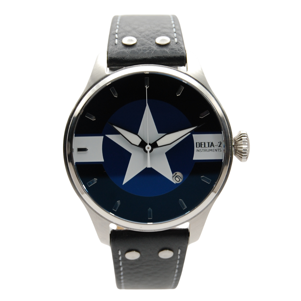 Montre automatique DELTA-2 USAAF avec cadran noir émaillé, bracelet en cuir, inspirée de l’aviation américaine des années 40 et des forces armées US.